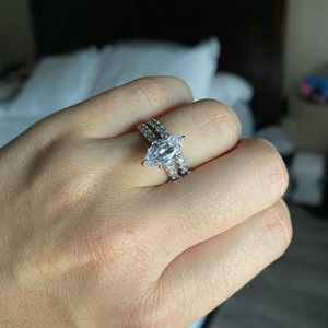 Diamonique 100 Facet Marquis Solitaire Ring Set, Sterling